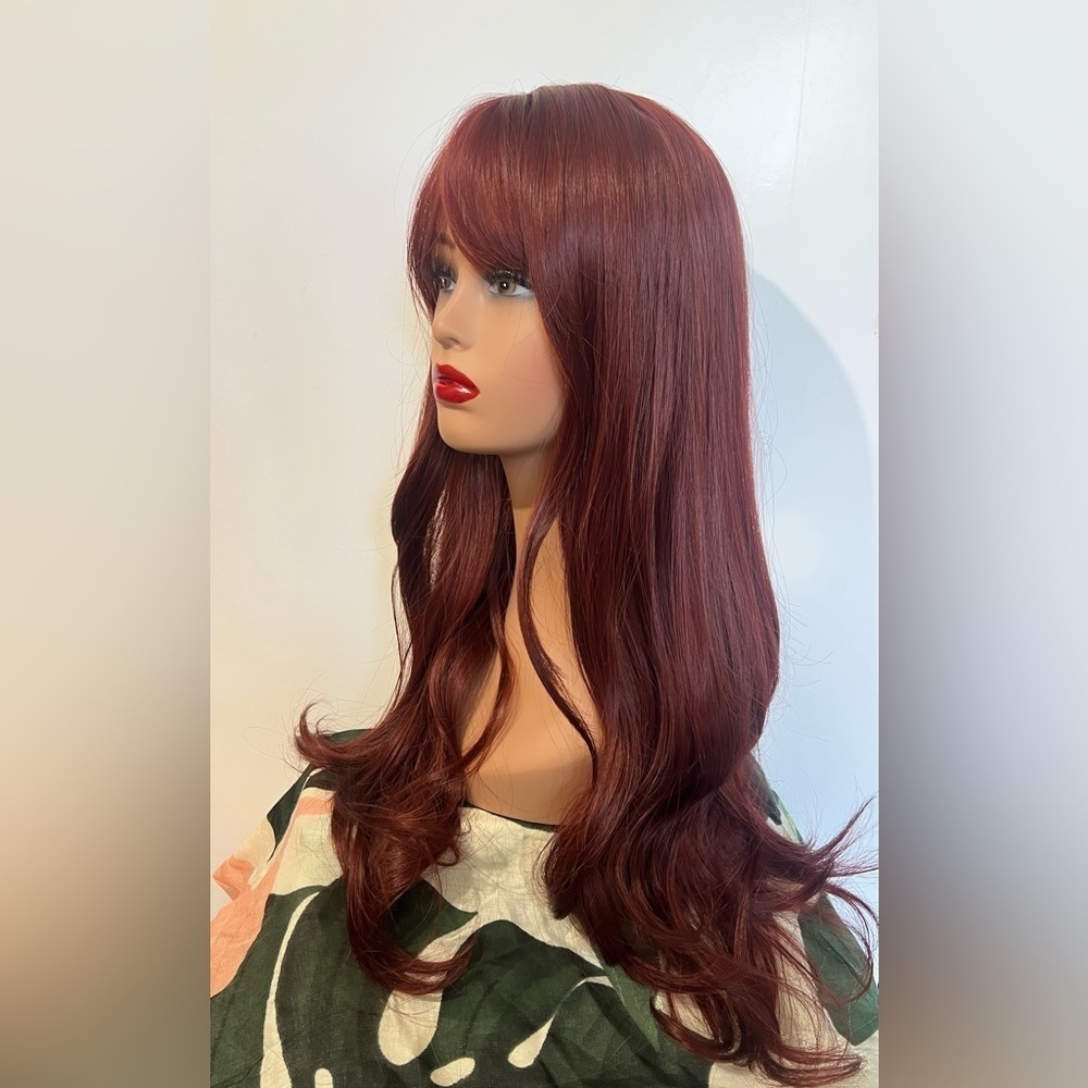 WIG Burgundy Long Wavy  Human hair Blend With Synthetic Fiber - Picture 5 of 8